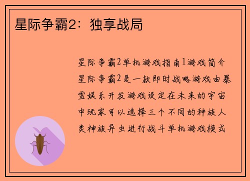 星际争霸2：独享战局